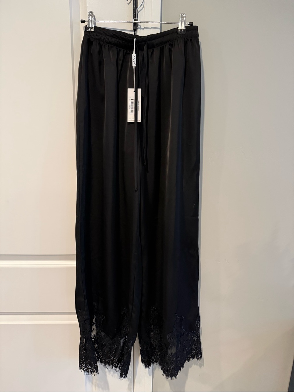 Petal & Pup Black Viola Satin Wide Leg Pants with Lace Trim, NWT, small